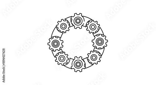 This image shows a circular gear-based mechanical ornament symbolizing engineering and industrial systems.