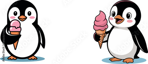 Two cartoon penguins eating pink ice cream cones