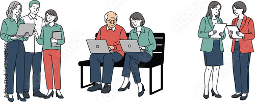 People working with laptops and documents vector illustration, teamwork collaboration education business communication concept, modern flat character design, isolated