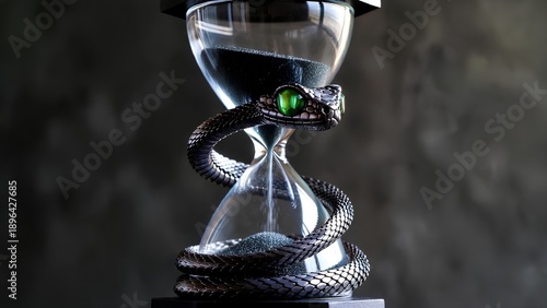 The serpent of time: a detailed hourglass entwined by a mystical snake, representing fate, patience, and the cyclical nature of life