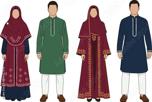 Traditional Muslim men and women clothing vector illustration, Islamic cultural dress collection, hijab abaya kurta outfits, isolated on white background