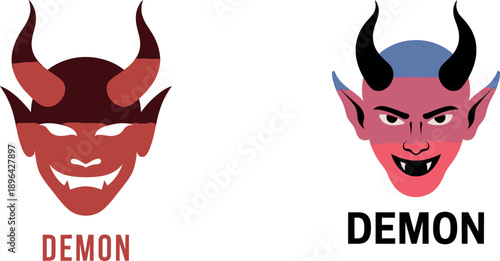 Two cartoon style demon faces with sharp teeth and horns digital symbols creatures