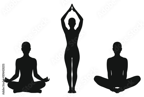 Three people practicing yoga in different poses on a white background