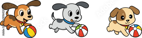 Cute cartoon puppies playing happily with colorful balls, adorable dog characters vector illustration for children, pets, animals, fun, and entertainment design.