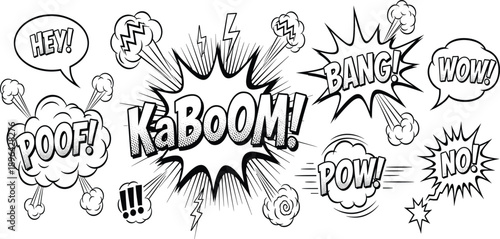 Black and White Comic Explosion Sound Effect Illustration with Kaboom, Bang, Pow, Wow, Poof, and Expressive Hand Drawn Action Text