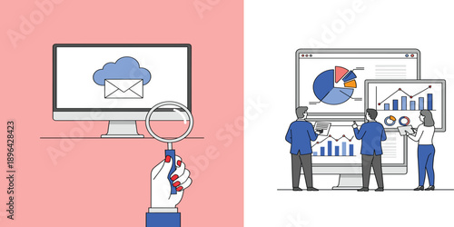 Business Analytics and Data Analysis Concept Vector Illustration with Team Working on Charts, Reports, Email Marketing, and Digital Dashboard Design
