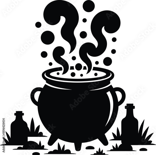 Witch cauldron silhouette vector illustration magic potion boiling isolated white background halloween fantasy alchemy spooky graphic design art element
