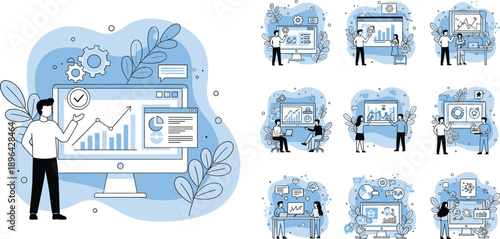 Business Analytics and Data Visualization Concept Vector Set with Dashboard Screens, Team Collaboration, Charts, Reports, and Digital Strategy Office Scenes