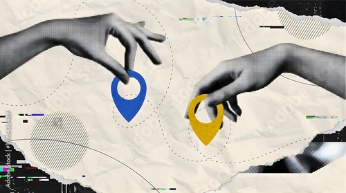 Two Hands Holding Colorful Location Pins on Textured Map Background Navigation Travel Concept