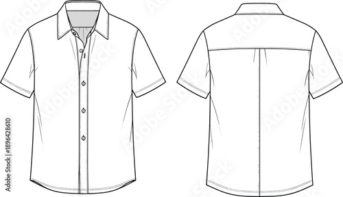 Short sleeve button shirt technical flat vector illustration, front and back view apparel template, casual mens clothing design, isolated on white background