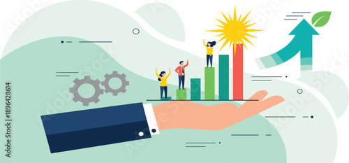 Business Growth and Success Concept Vector Illustration with Rising Bar Chart, Team Achievement, Innovation Gears, and Upward Arrow Strategy Design