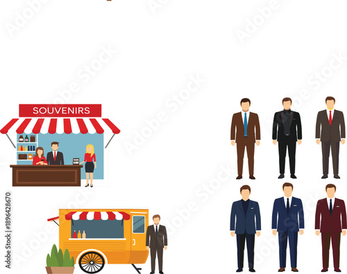 Business People Character and Small Retail Shop Vector Illustration with Souvenir Stall, Food Cart, and Professional Male Office Worker Poses