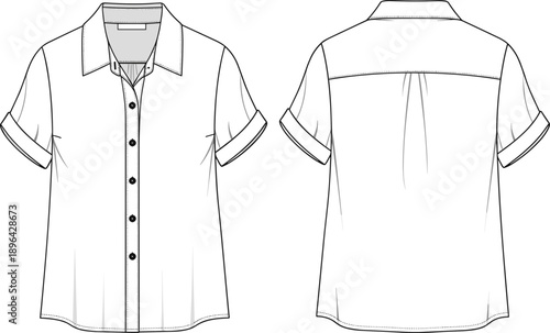 Short sleeve button shirt technical flat vector illustration, front and back view apparel template, casual clothing design, isolated on white background