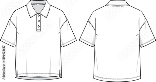 Short sleeve polo shirt technical flat vector illustration, front and back view apparel template, casual clothing design, isolated background, mockup