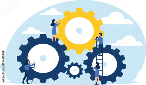 Business Teamwork and Process Optimization Concept Vector Illustration with Gears, Collaboration, Workflow Management, and Corporate Strategy Design