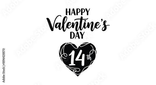 A black and white graphic displays happy valentine s day with a heart and the number 14 high quality