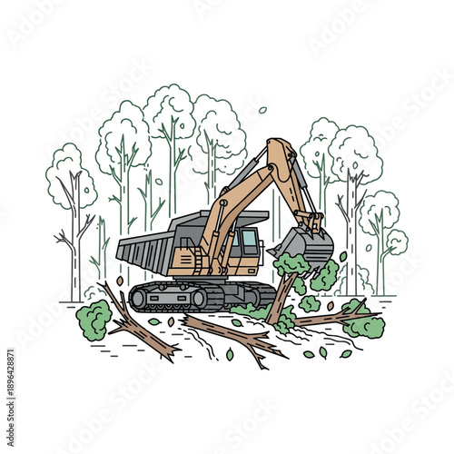 An excavator actively uproots trees in a clearing with its large bucket.