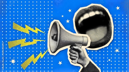 Stylized Open Mouth Speaking Through Megaphone on Blue Background Communication Marketing Concept