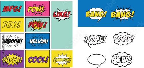 Comic Book Pop Art Sound Effect and Speech Bubble Panel Set with Pow, Bang, Like, Hello, Cool, Kaboom, and Editable Dialogue Elements