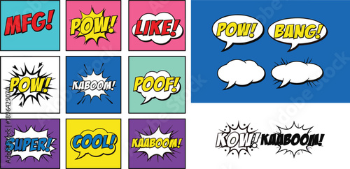Comic Book Pop Art Sound Effect and Speech Bubble Panel Set with Pow, Bang, Like, Poof, Kaboom, Cool, and Super Action Text
