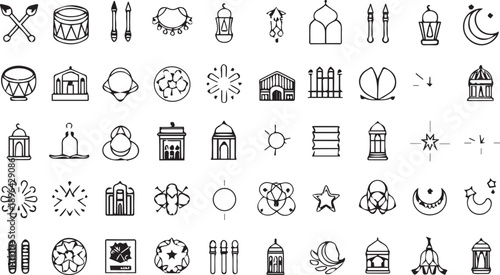 Islamic celebration icon set — black and white illustration of 56 Ramadan and Eid symbols including mosque, lantern, crescent, and prayer