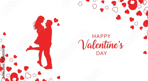 A silhouetted couple embraces lifted in a loving gesture surrounded by scattered hearts on a white background