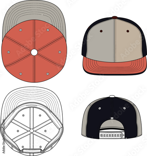 Detailed vector illustration of baseball caps showing front, back, top, and inside views, perfect for apparel design and branding projects