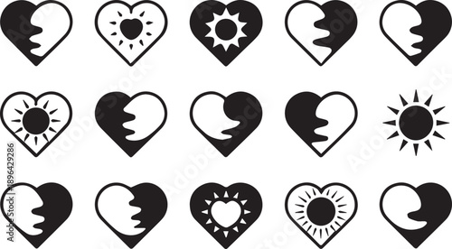 Heart and sun symbol grid — black and white illustration of 16 abstract icons combining yin-yang hearts and radiant sun shapes