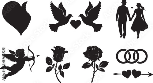 Romantic icon set — black and white illustration of hearts, doves, couple, cupid, roses, rings, and love-themed symbols