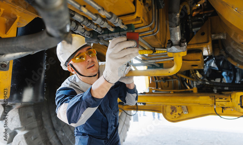 Tableau sur toile Caucasian male mechanic inspecting mining equipment in industrial setting