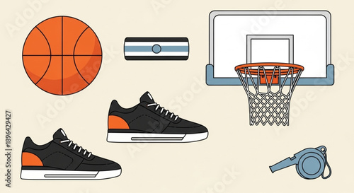 Essential Basketball Gear Flat Vector Illustration Set