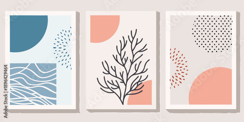 Abstract geometric art prints with botanical elements and muted color palette