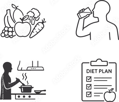 Healthy Food & Lifestyle Minimal Outline Silhouette Icons Set