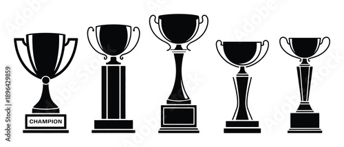 Collection of Five Black Silhouette Trophies on a White Background