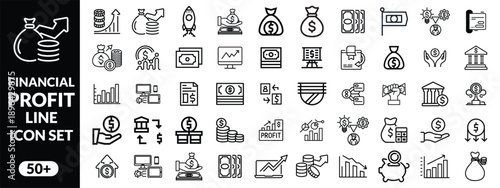 
Financial profit line icon set. Containing Money income, money savings, earnings, money, cash, investment, financial growth and more. Editable stroke. Vector illustration