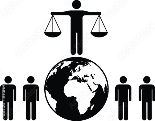 Global justice concept illustration showing human figure holding balance scales above world globe with people silhouettes representing equality law fairness