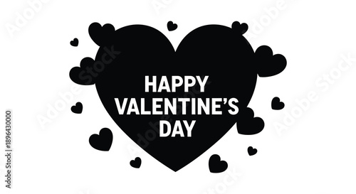 A black and white graphic displays a large heart shape filled with the text happy valentine s day and smaller hearts