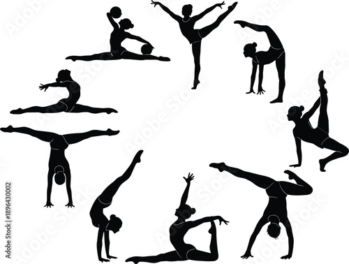 Gymnastics and yoga silhouettes collection, flexible female athlete poses, acrobatic balance strength fitness training illustration isolated on white background