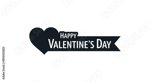 A simple graphic displays a black heart shape with a white ribbon banner reading happy valentine s day