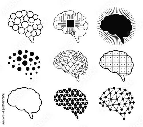 Collection of Stylized Brain Icons Representing Intelligence and Technology