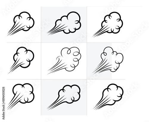 Collection of Stylized Wind and Smoke Puffs in Black and White