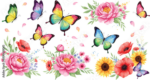 Watercolor butterfly and floral bouquet set with colorful wings, roses, peonies and spring garden vector illustration