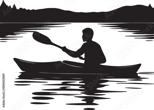 Man paddle boat on the lake silhouette vector illustration