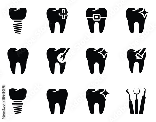 Dental Icons: Implants, Braces, Cleaning, and Tools
