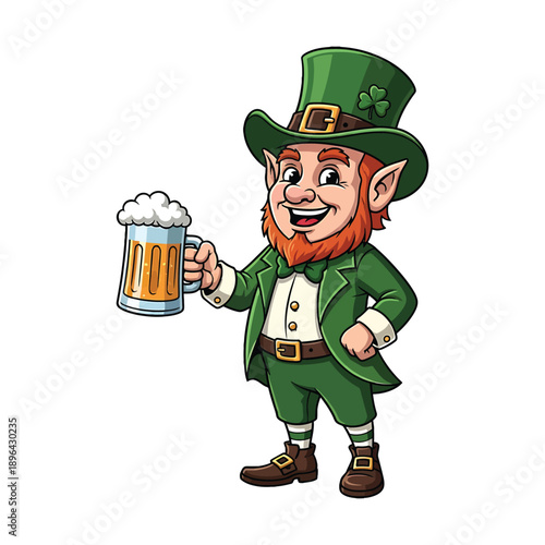 Smiling leprechaun holding beer mug for St. Patrick's Day