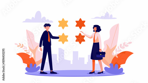 Businessman and businesswoman reaching for star ratings in modern office setting