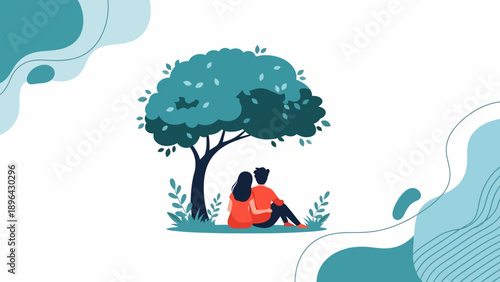 Couple sitting under minimalist tree, serene romantic moment on ground, teal abstract background, peaceful illustration from above