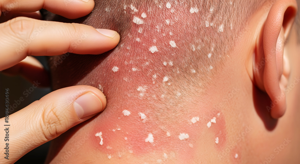 Fototapeta premium Close up of human scalp with red inflamed skin and white flaky patches inflammation redness