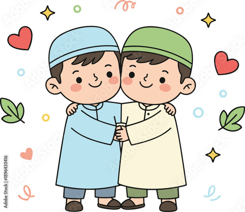 Cute Muslim boys hugging with hearts, Islamic friendship and brotherhood cartoon characters for Eid celebration vector illustration