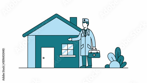 Doctor Greeting Patient Outside House with Medical Bag in Cartoon Illustration from Front View